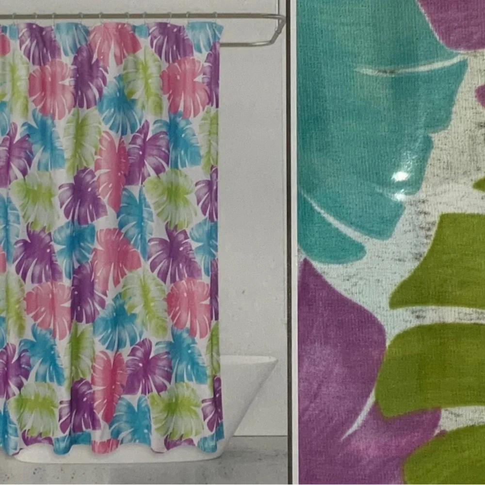 Shower Curtain Tropical Colorful Leaf Print Fabric Teal Pink Green 70 X 72 in
